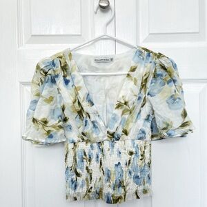 Abercrombie & Fitch Floral V-Neck Blouse - Blue and Yellow
